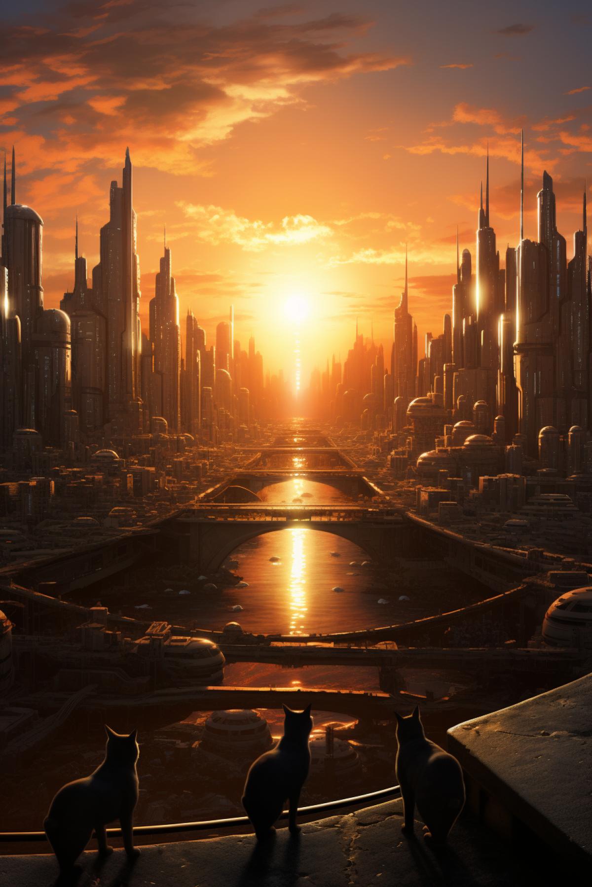 City of the future, futuristic buildings, alien cats, appeasement, sunset, meffect style, soft light, photorealism