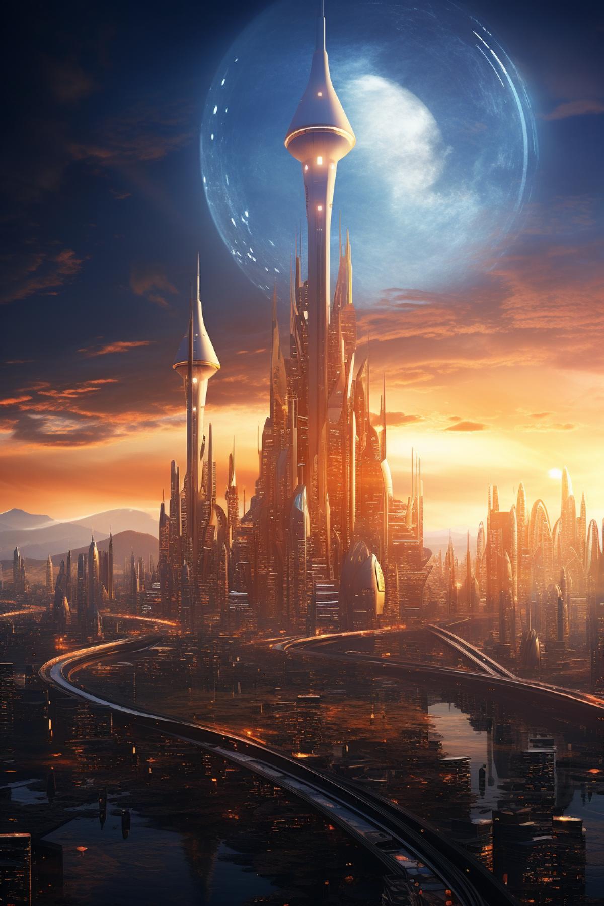 City of the future, futuristic buildings, alien cats, appeasement, sunset, meffect style, soft light, photorealism