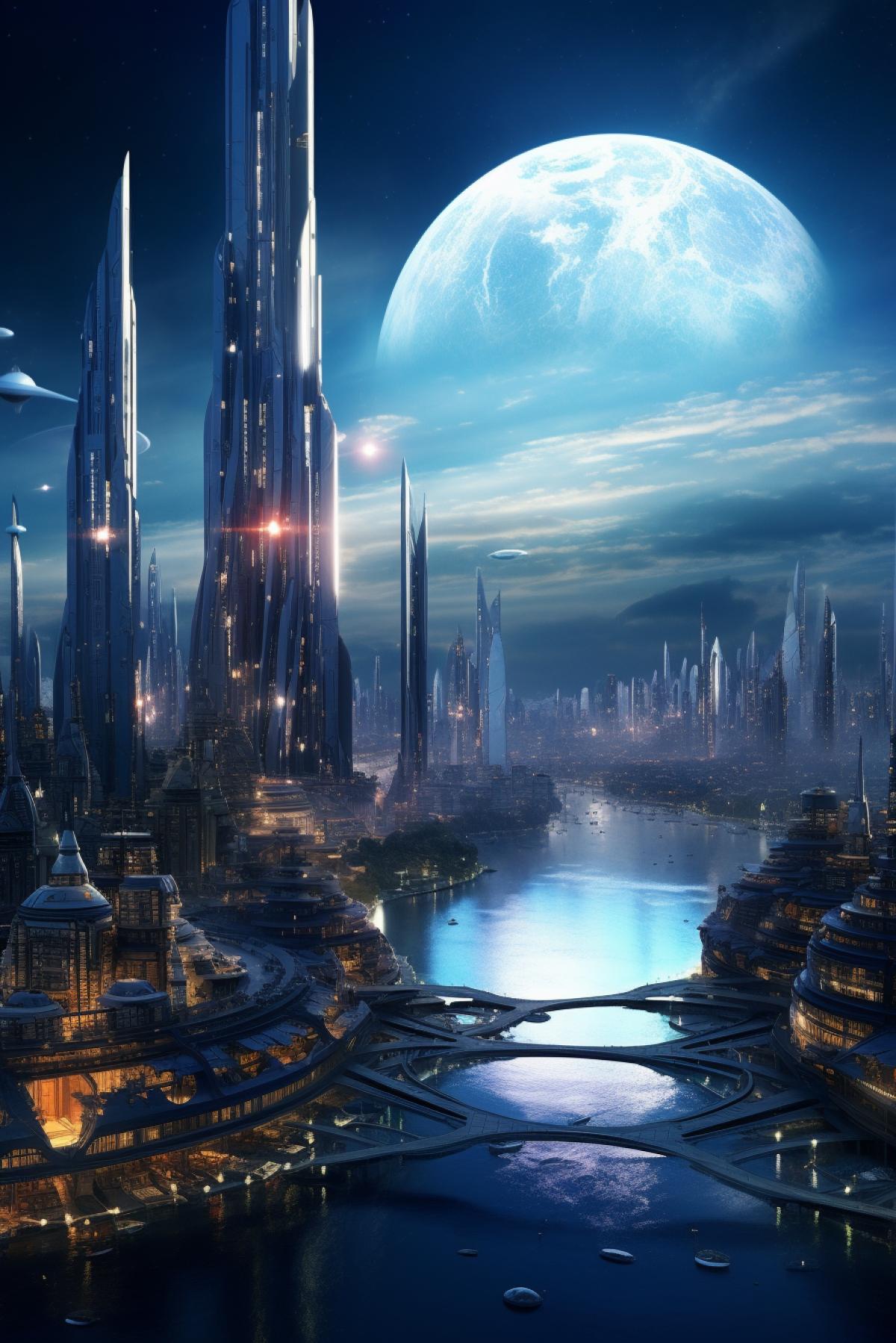 City of the future, another galaxy, dream planet, high technology, ‘other worlds’, futuristic buildings, aircraft, appeasement, meffect style, soft light, photorealism