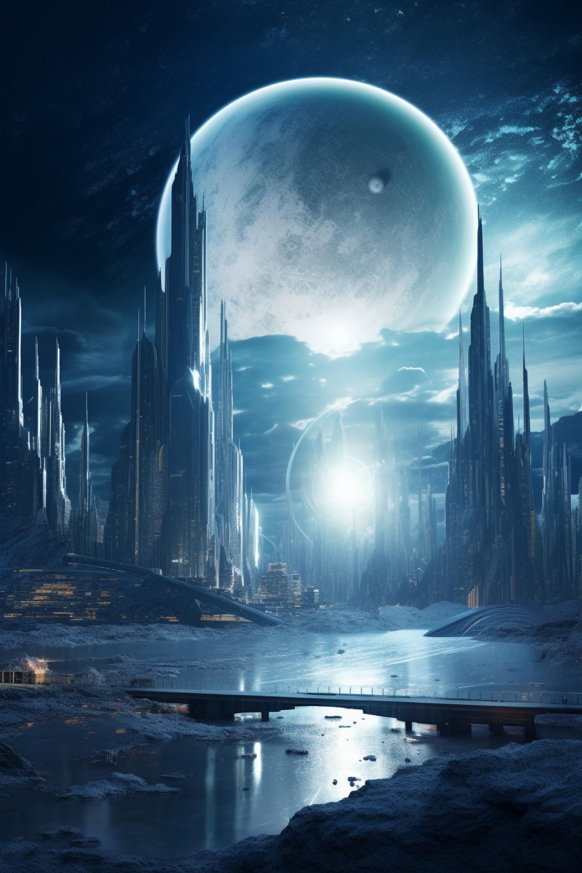 City of the future, another galaxy, dream planet, high technology, ice planet, northern lights, other worlds, futuristic buildings, aircraft, appeasement, meffect style, soft light, photorealism