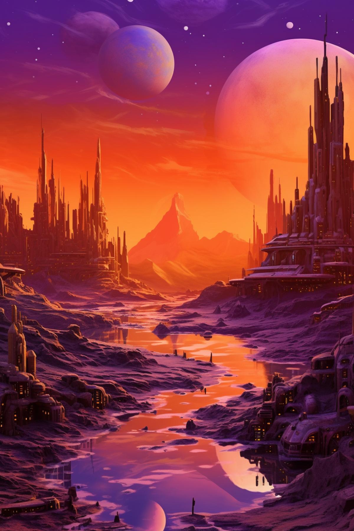 Strange space city on purple planet with orange sky