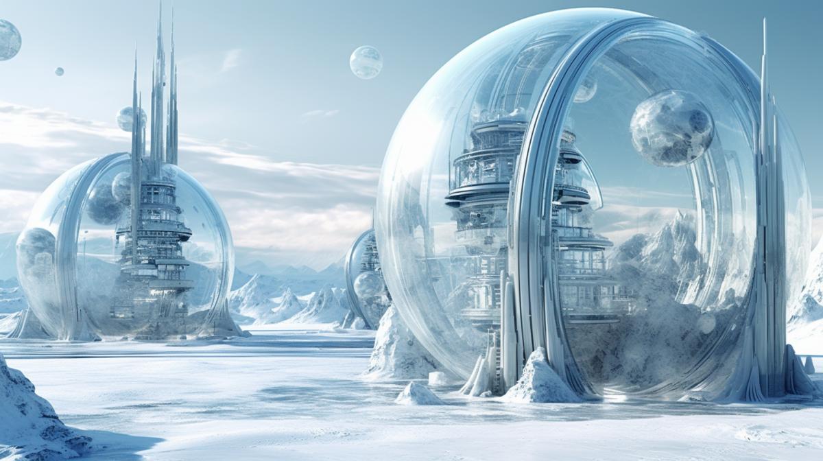 Futuristic alien city on an ice planet, spherical houses