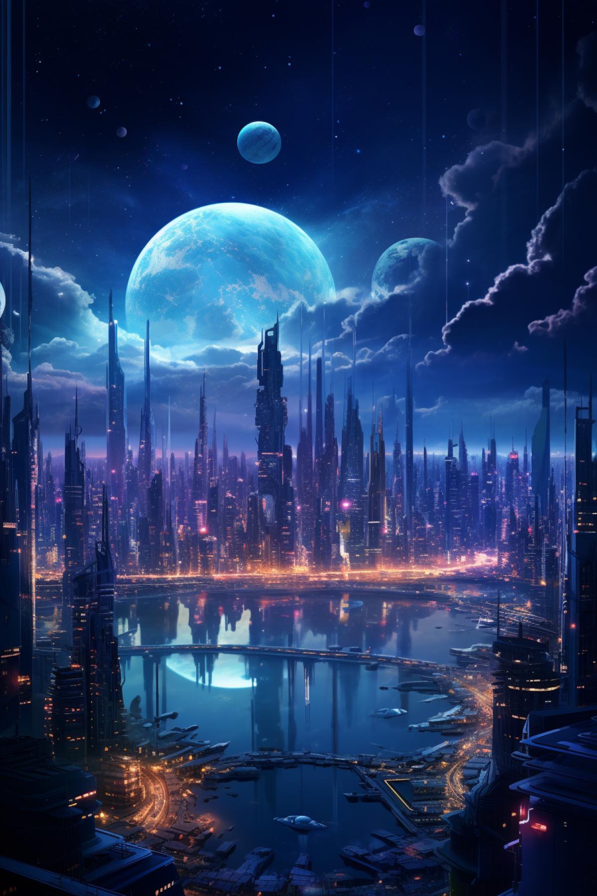 City of the future, another galaxy, dream planet, high technology, the Milky Way, other worlds, futuristic buildings, aircraft, appeasement, meffect style, soft light, photorealism