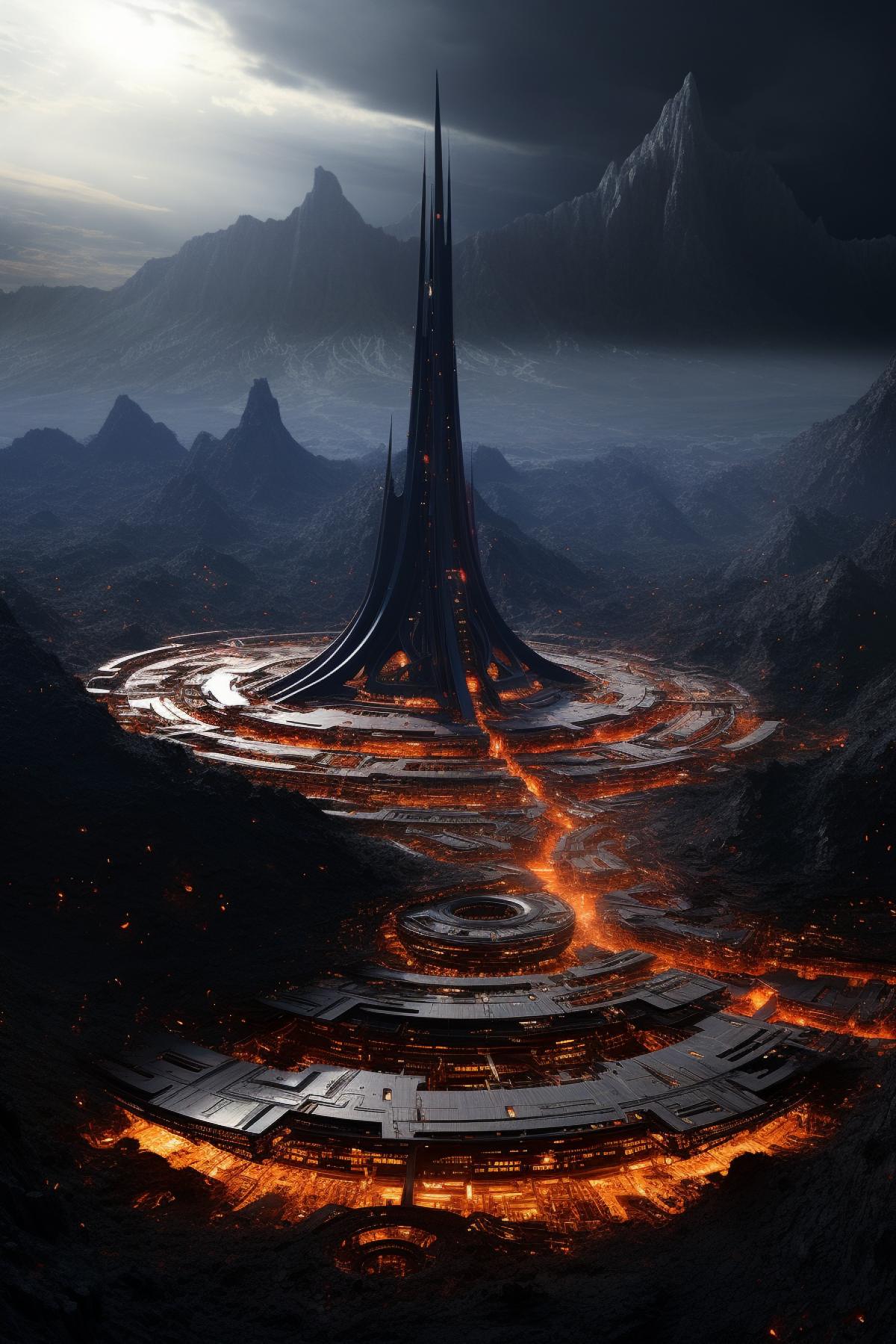 Space futuristic population station in the mouth of a volcano, city of the future, another galaxy, aircraft, meffect, soft light, photorealism.