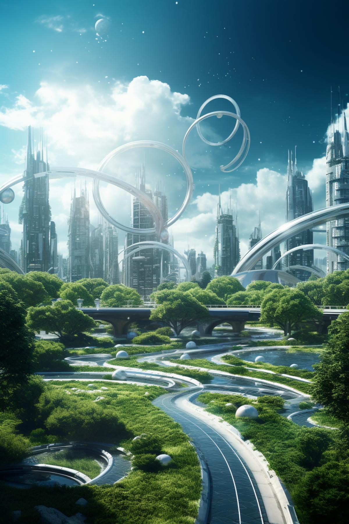 City park of the city of the future, futuristic landscape, another galaxy, high technology, meffect style, soft light, photorealism