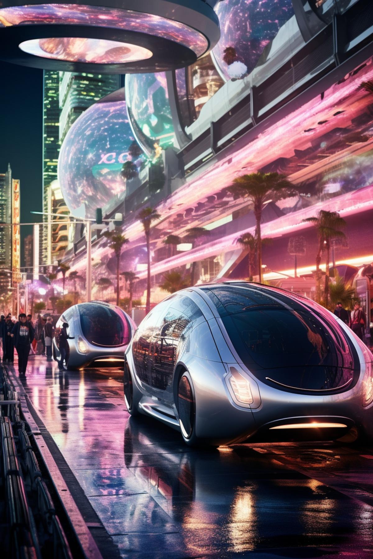Las Vegas of the future, another planet, futuristic cars, aliens and people, another galaxy, high technology, meffect style, soft light, photorealism