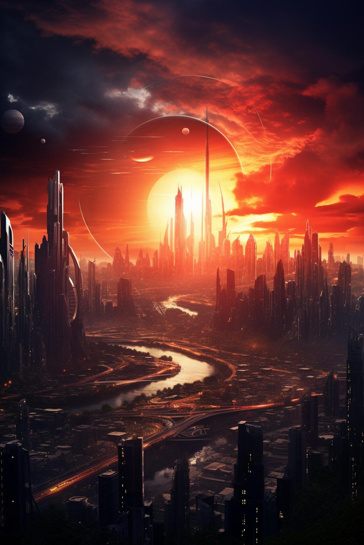 City of the future, cyberpunk, huge skyscrapers, huge city, morning, dawn, red sun, beautiful sky, horizon, view from the hill