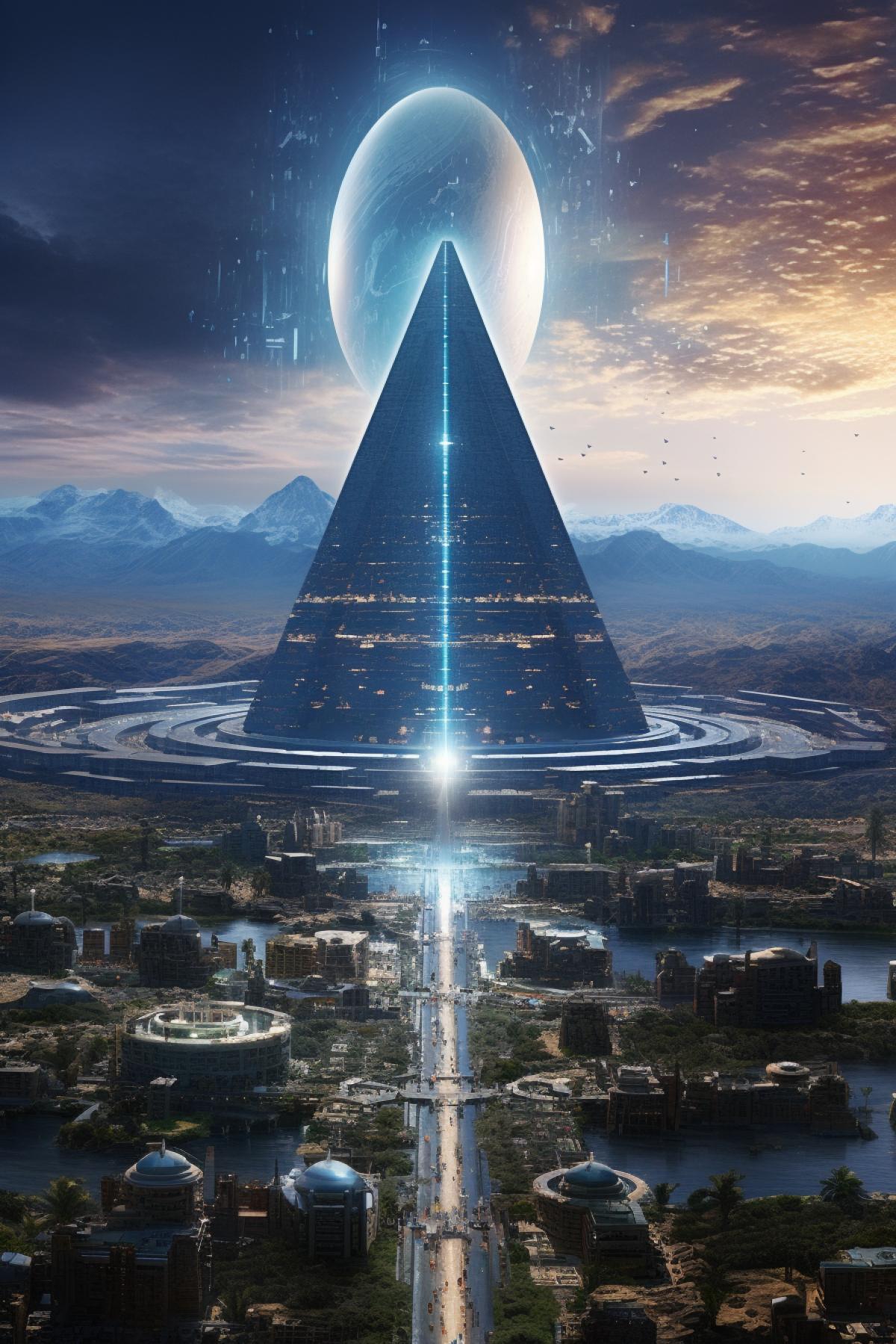 Ancient Egypt city in the future, aliens gods, cosmically, enough planet, peoples, photo realism, height details