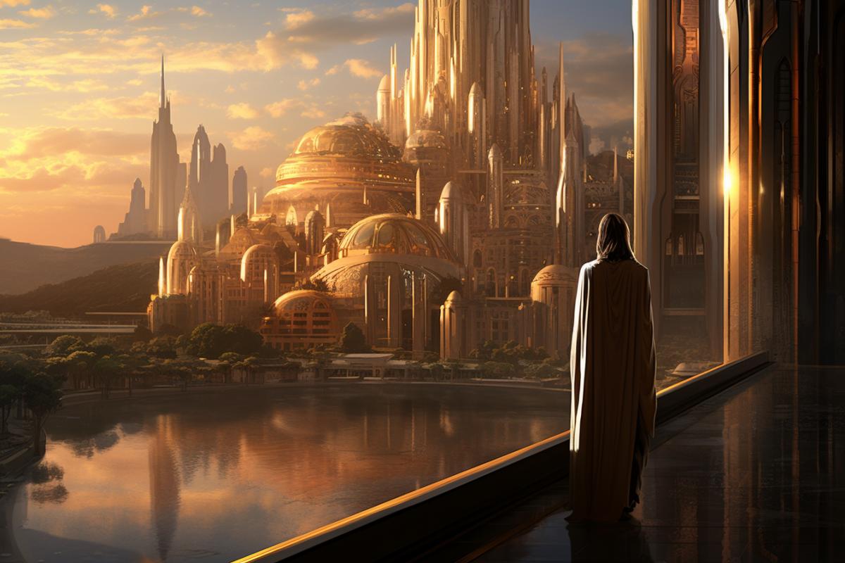 star wars city of the future, in the style of dark gold and orange, grandiose architecture, magali villeneuve, quiet contemplation, havencore, john frederick kensett, elongated forms
