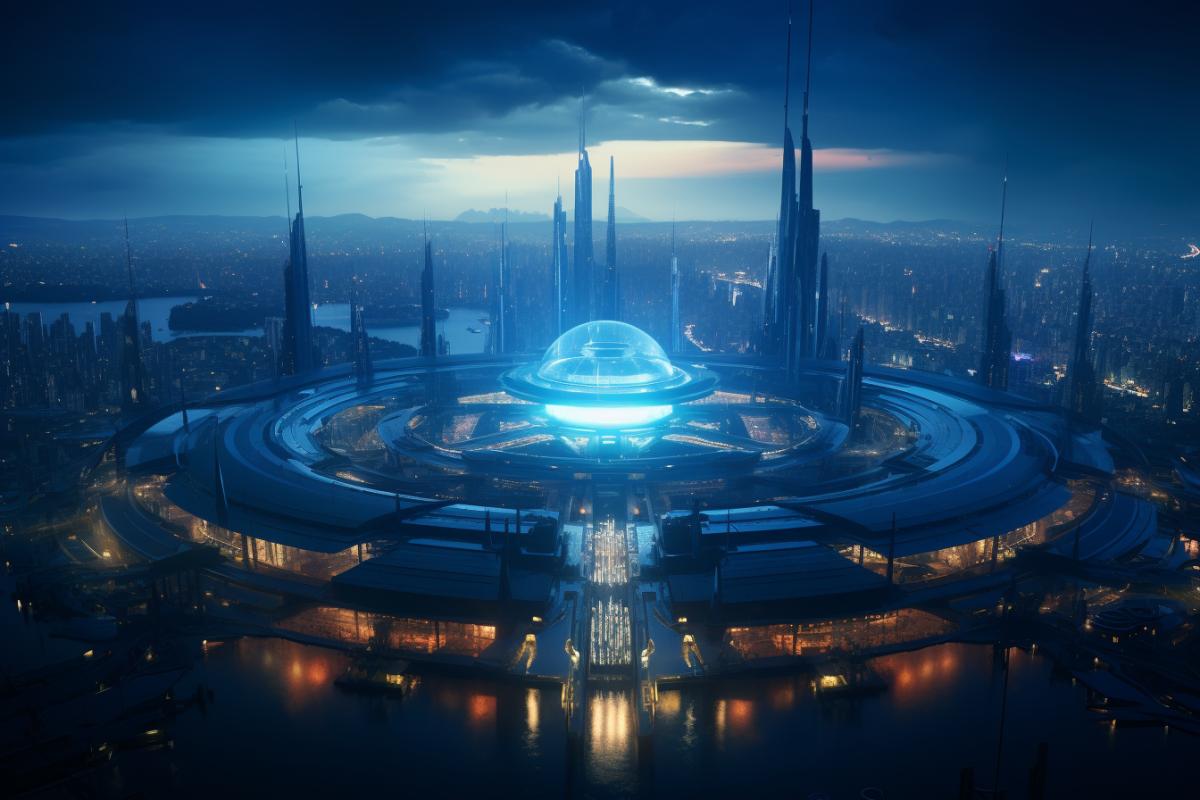 birds eye view at futuristic star wars city made of rainbow iridescent uranium glass, dark blue surroundings, dark sunset, low-level mist, blade runner 2049 cityscape, cyberpunk, photograph