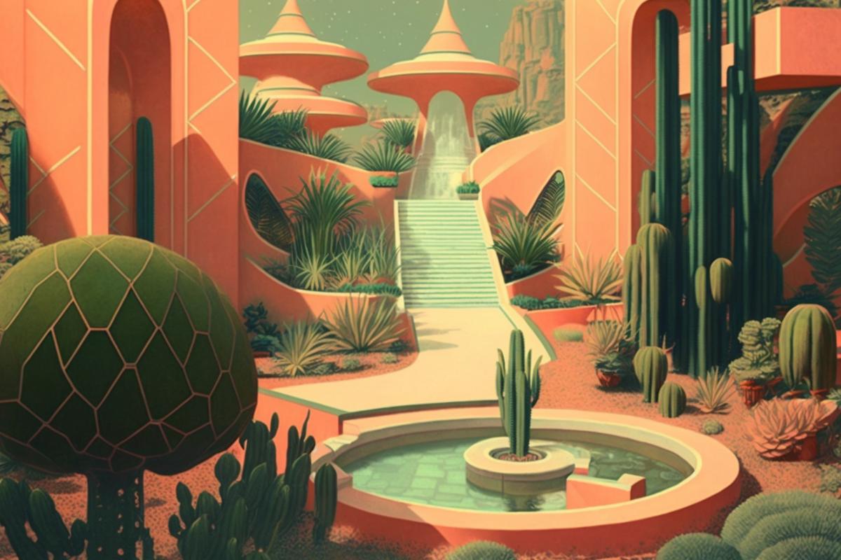 Garden in the style of retrofuturism