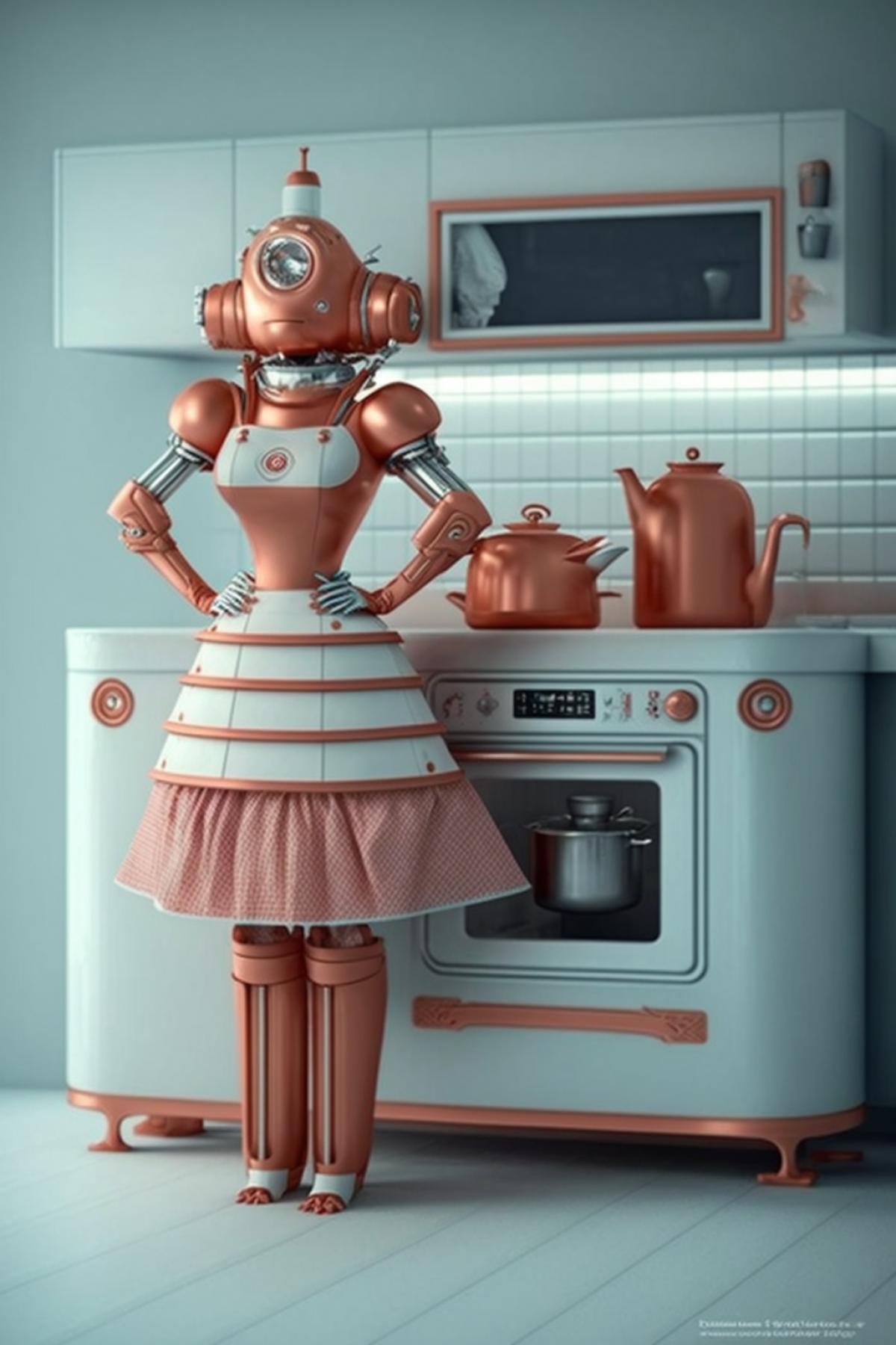 Housewife, robots and space in the kitchen in the style of retrofuturism