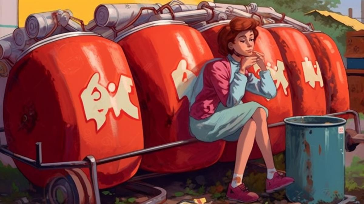 Youth in the style of the 80s stands with cans near a retrofuturistic barrel with kvass, retrofuturism, soviet style