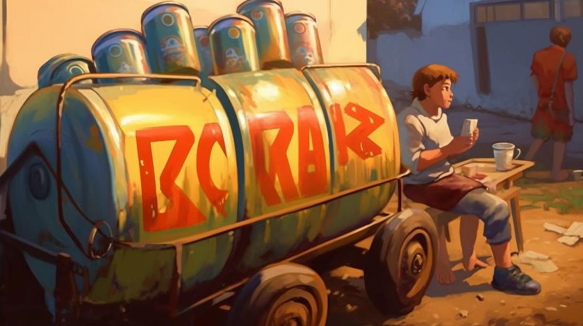 Youth in the style of the 80s stands with cans near a retrofuturistic barrel with kvass, retrofuturism, soviet style