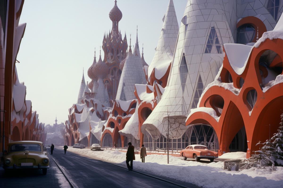 1980 Moscow retrofuturism in the style of Antoni Gaudi, Arata Isozaki, Salvador Dalí