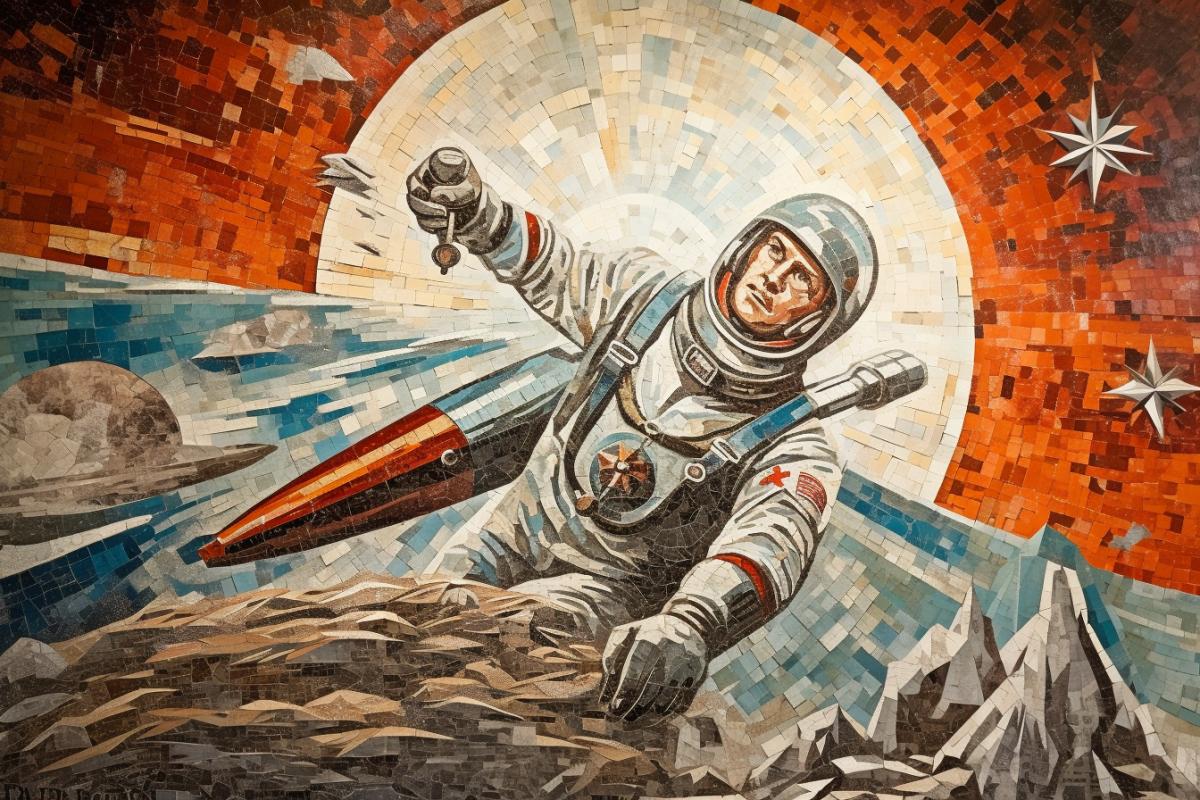 retro futuristic, soviet mosaic about space flight, conquering space, retro-sci-fi, cosmonauts in the front, mosaic, fresco