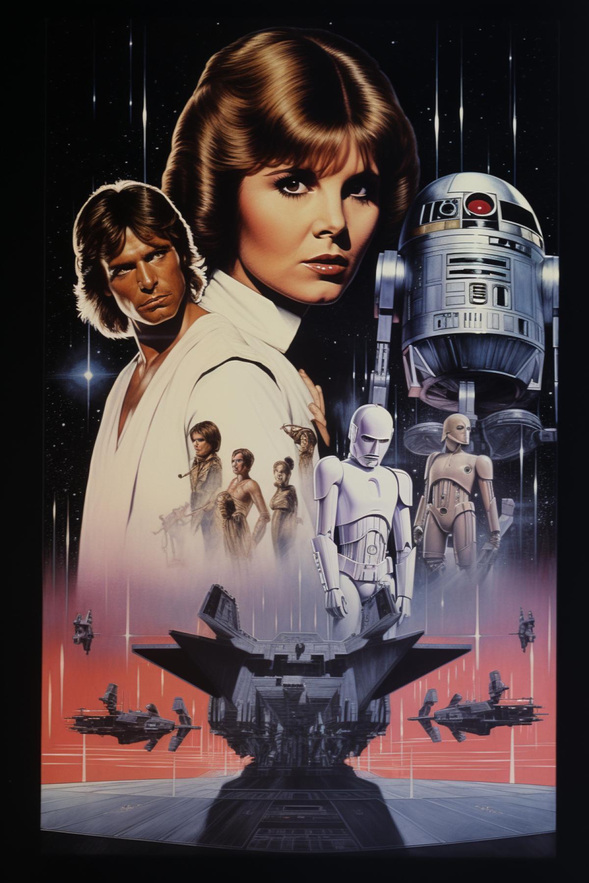 1980s movie poster:: star wars, nostalgic, thrilling, stylized photorealism, dynamic com4k, exquisite detail, ultra-photorealism, 8k