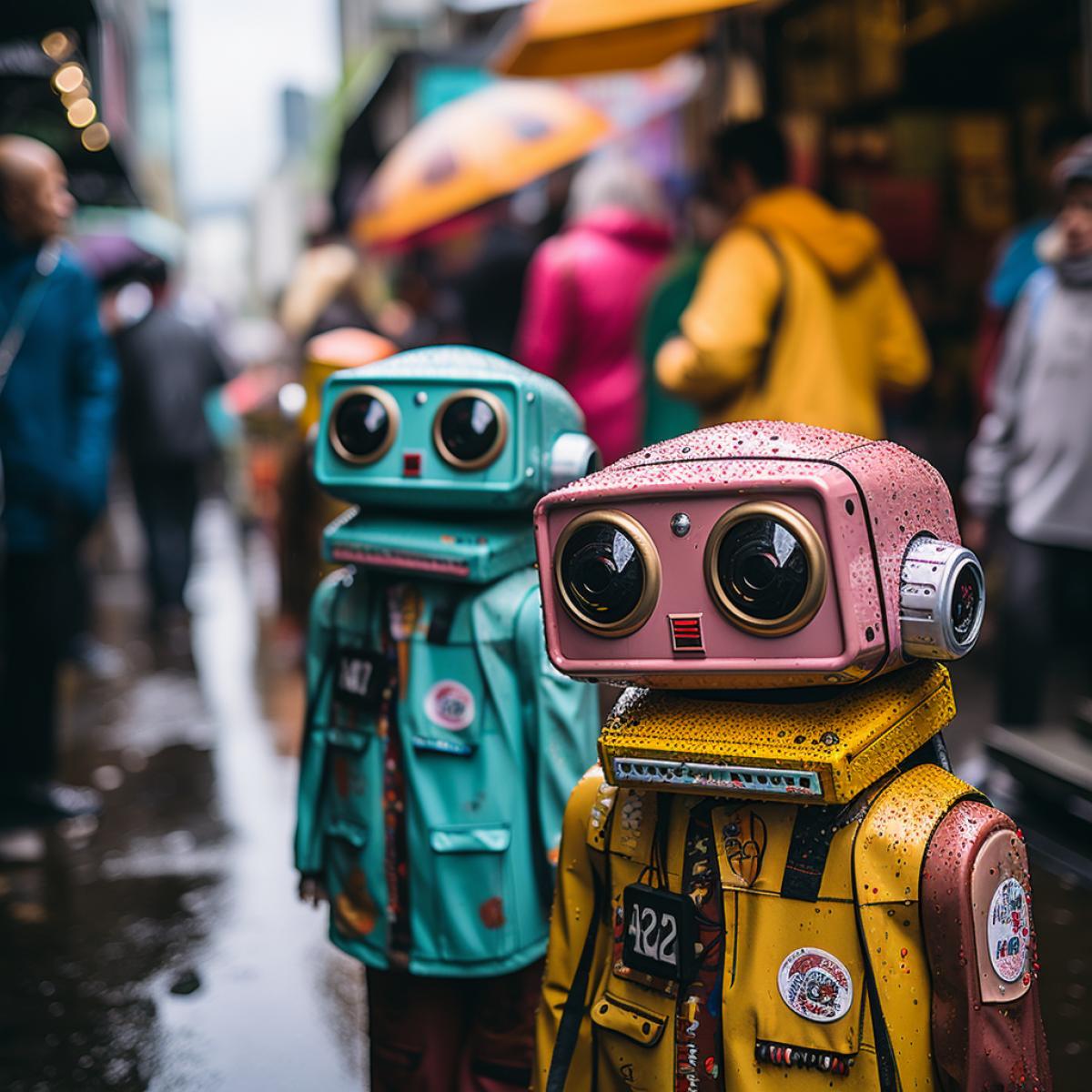 robots among people in Chinatown, communist paraphernalia, 60s, retro style, neon, dark deep lighting, flying cars in the sky, Realism, detailed, photorealistic, atmospheric, hyper realistic, 50mm lense, noise effect