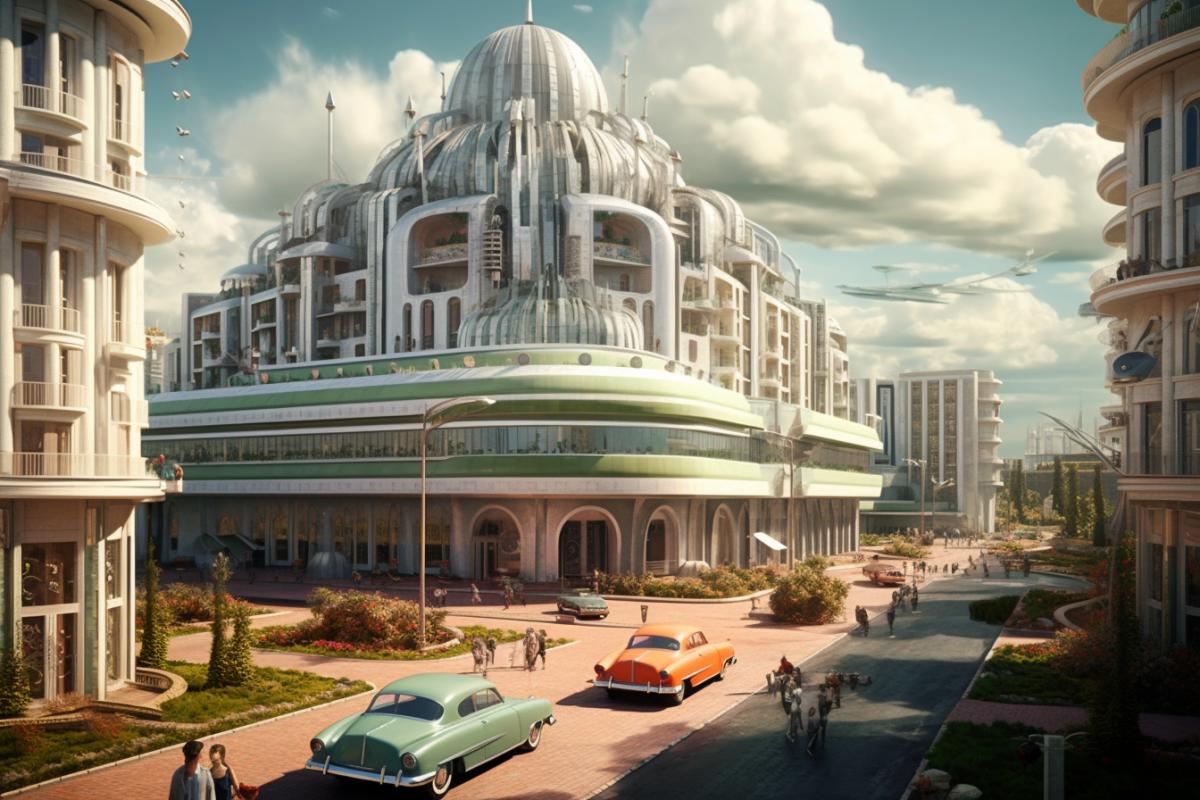 Russian city in the style of atomic heart retrofuturism