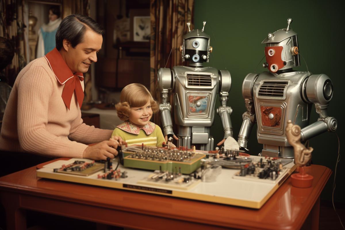 A family surrounded by retro robots from the 1980s that perform daily tasks in the house