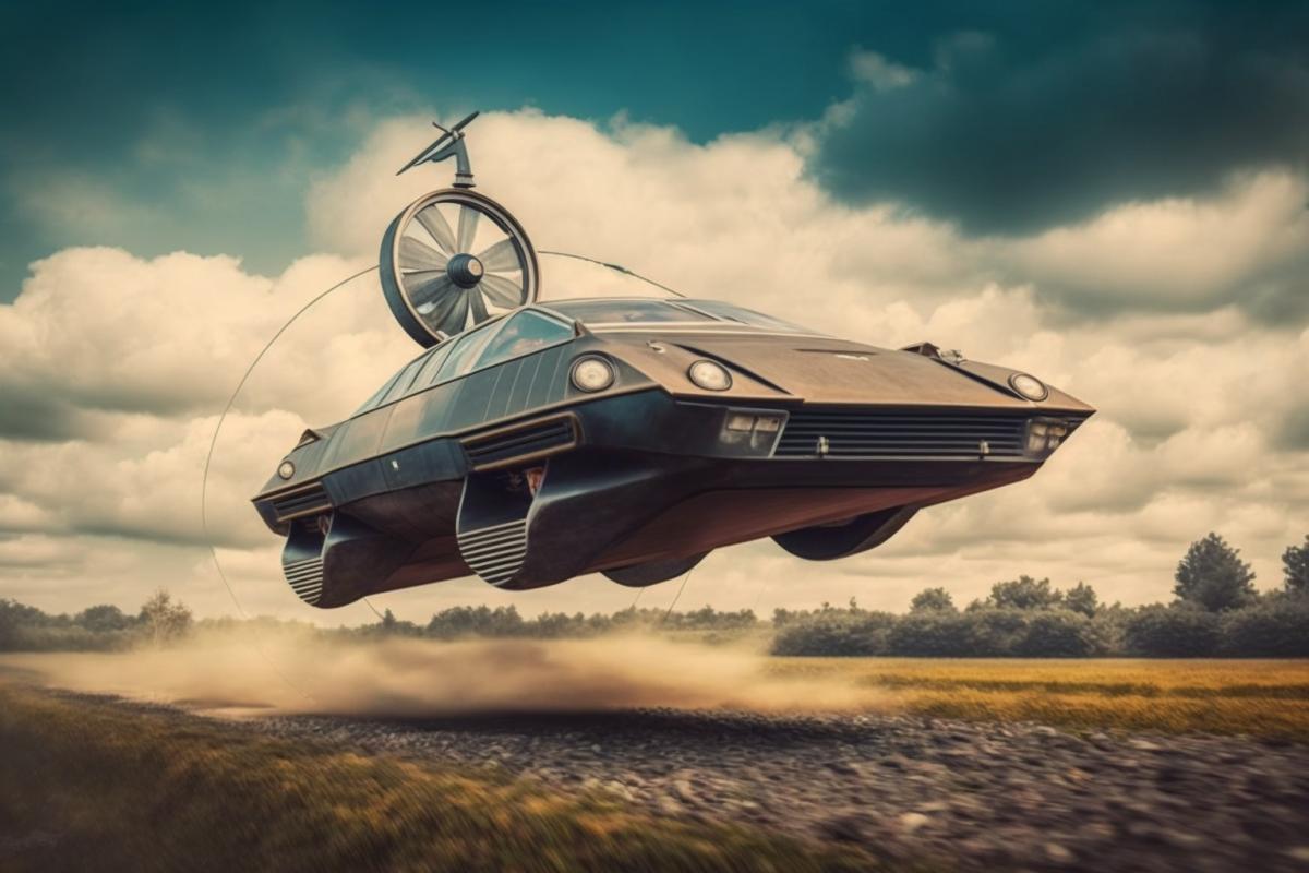 flying car from the 80s, retrofuturism, professional photography, 8k