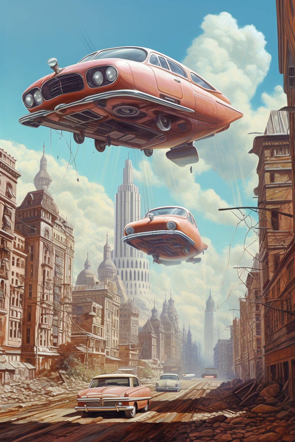 a Moskvich cars flying through the air over a Moscow 80s of the 20th century, cgsociety, fantastic realism, dystopian art, matte drawing, Retrofuturism