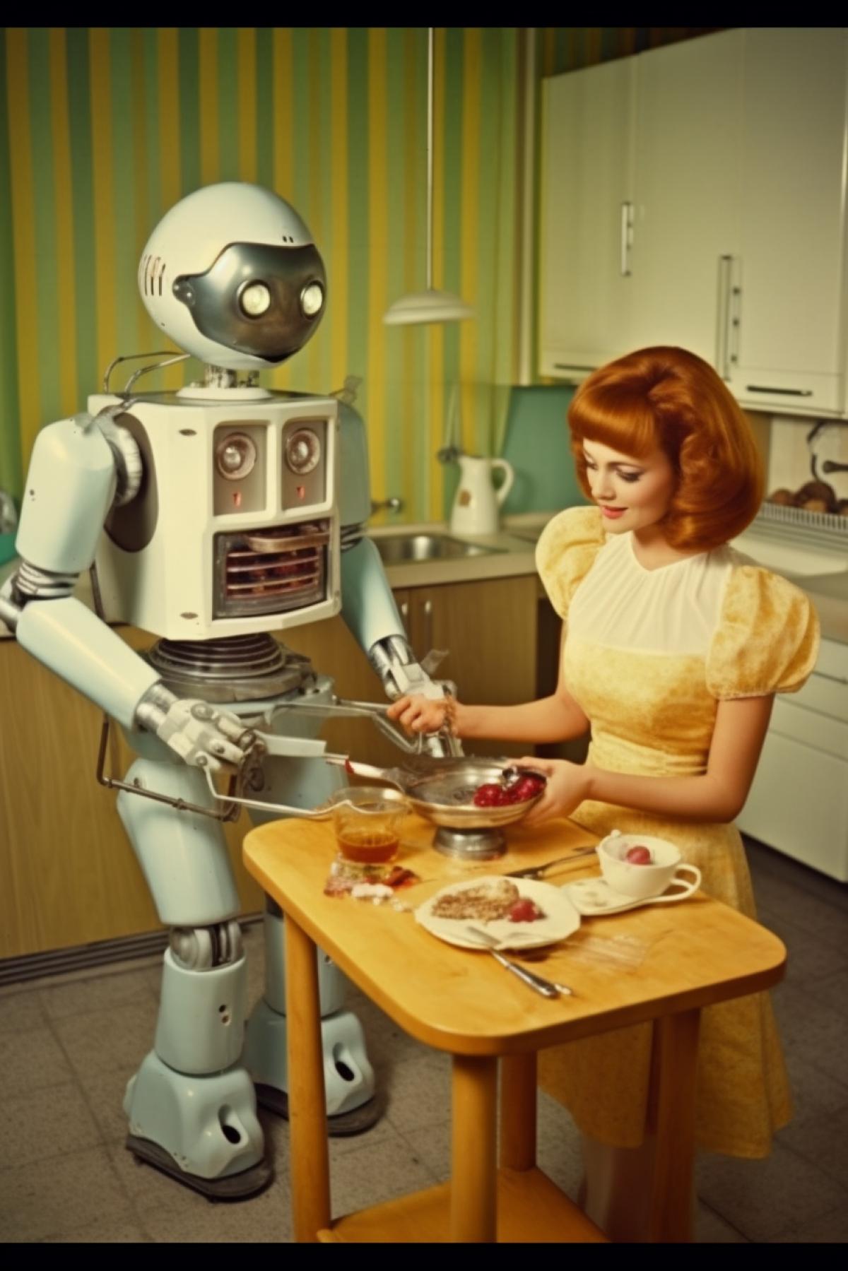 Retro Robot helps the hostess in the kitchen to make pies, retrofuturism