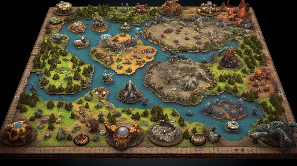 Top view, Turn-based board game board game board with card areas and map areas like carcosson and monopoly. Decoration themed monsters and jungle for 4 players