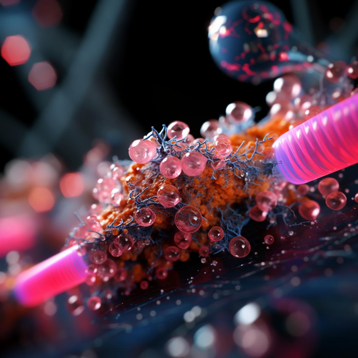 Molecular kingdom, deep lighting, ultra realistic, many details, you can see the contents of the molecules, bright juicy colors, pink, yellow, ultramarine, atmospheric photo