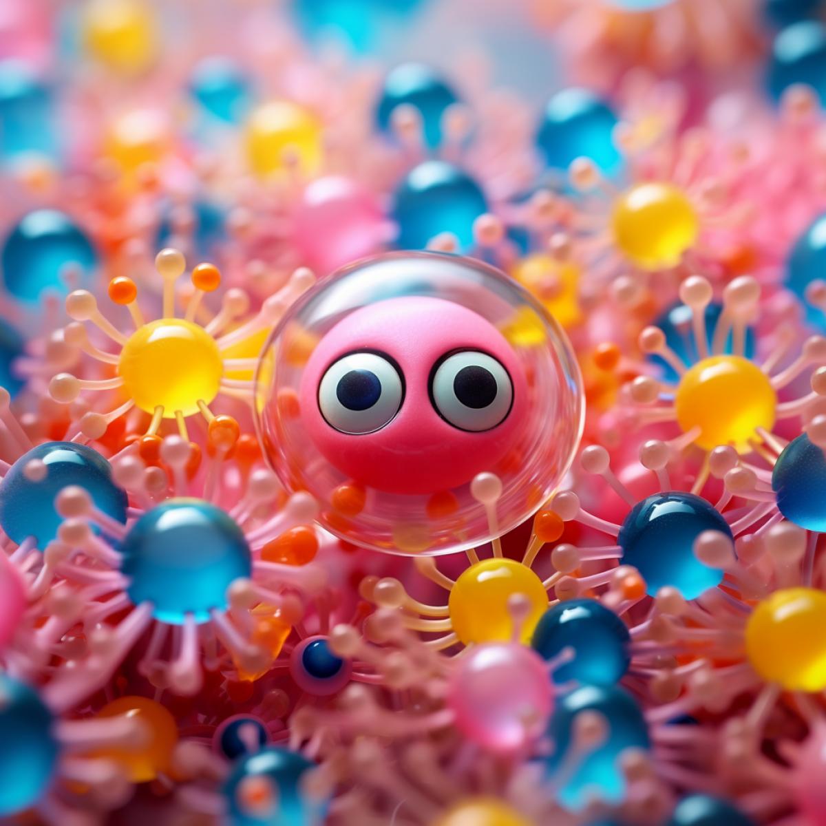Funny molecules with big eyes have fun at a party in a petri dish under a microscope, ultra realistic, many details, bright juicy colors, pink, yellow, ultramarine, atmospheric photo, pixar style