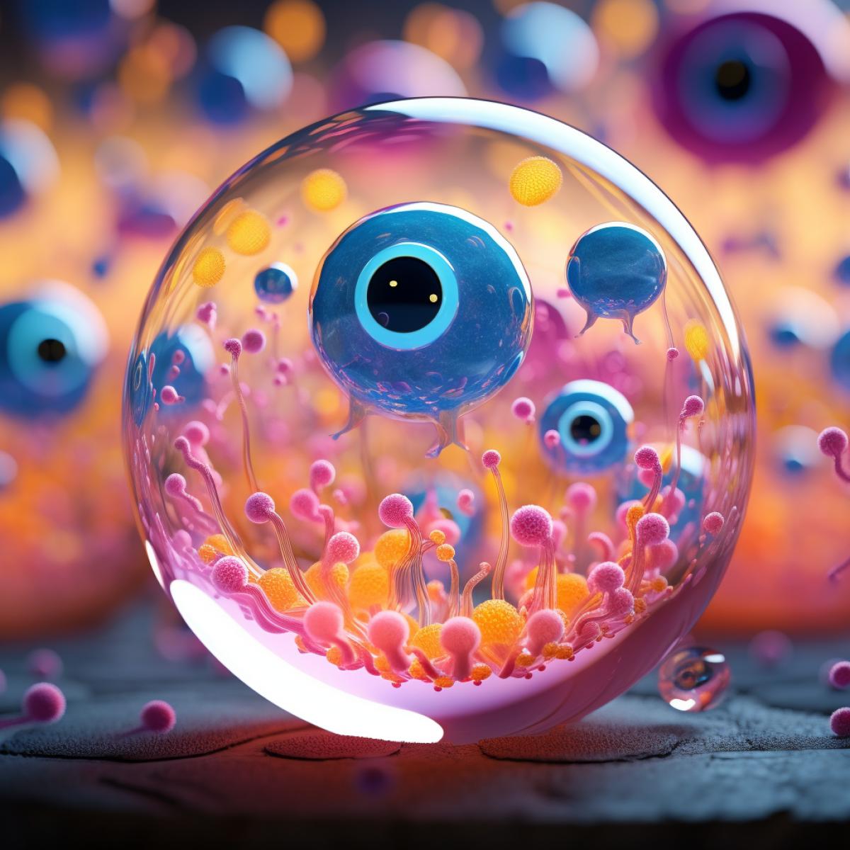 Funny molecules with big eyes have fun at a party in a Petri dish under a microscope, ultra realistic, many details, bright rich colors, pink, yellow, ultramarine, atmospheric photo