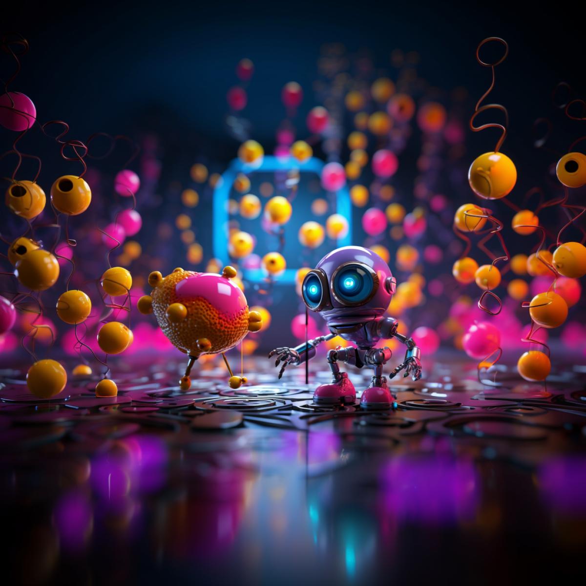 Funny molecules and nano robots are having fun at the party, ultra realistic, many details, bright rich colors, pink, yellow, ultramarine, atmospheric photo, pixar style