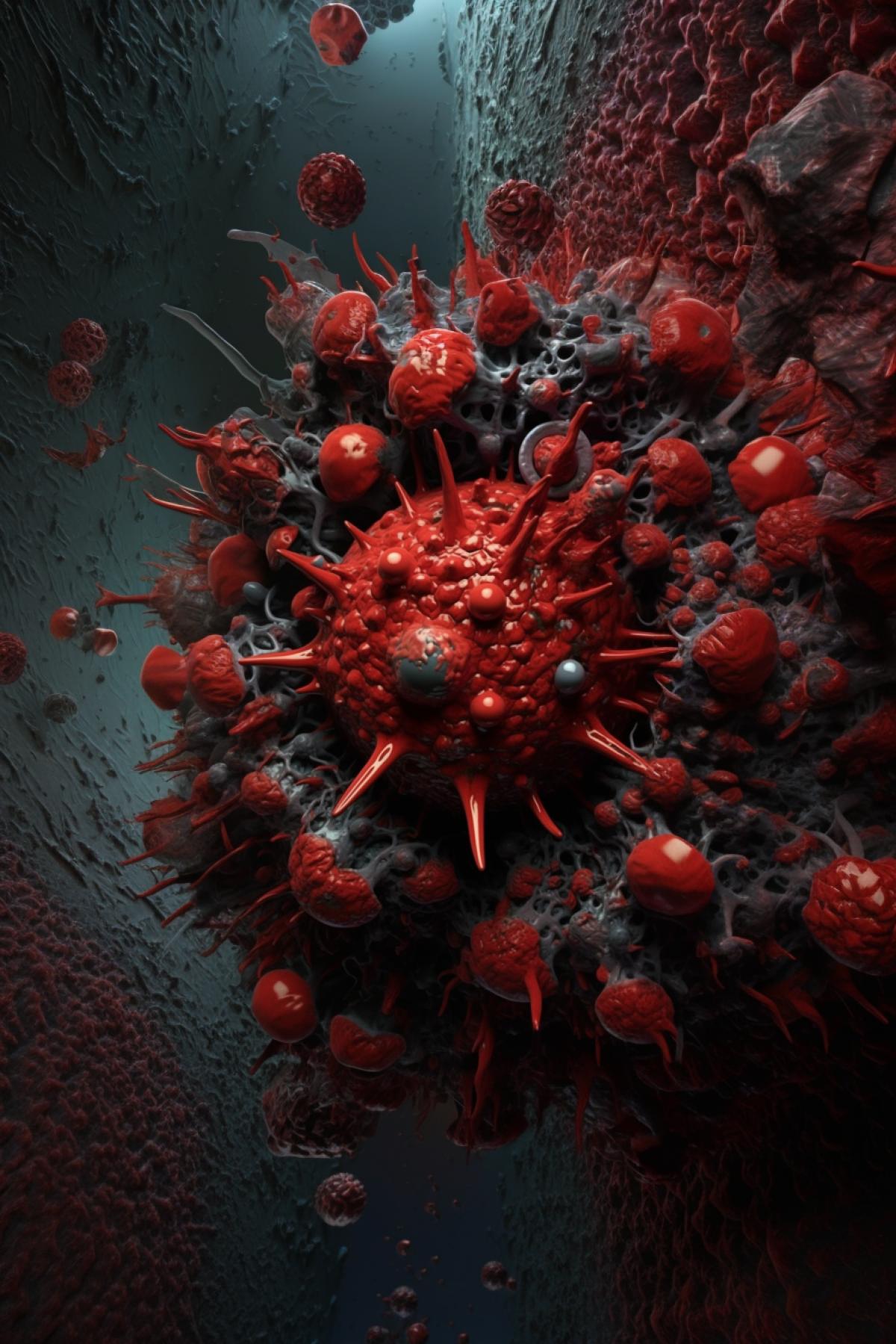 The virus at the cellular level is at war with the cells. High detail :: Ultrarealism. Deep lighting. Red and dark colors predominate.