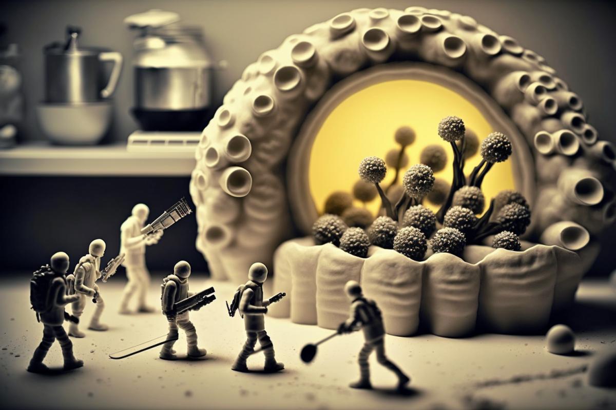 Microscopic people chase away large mold in the kitchen