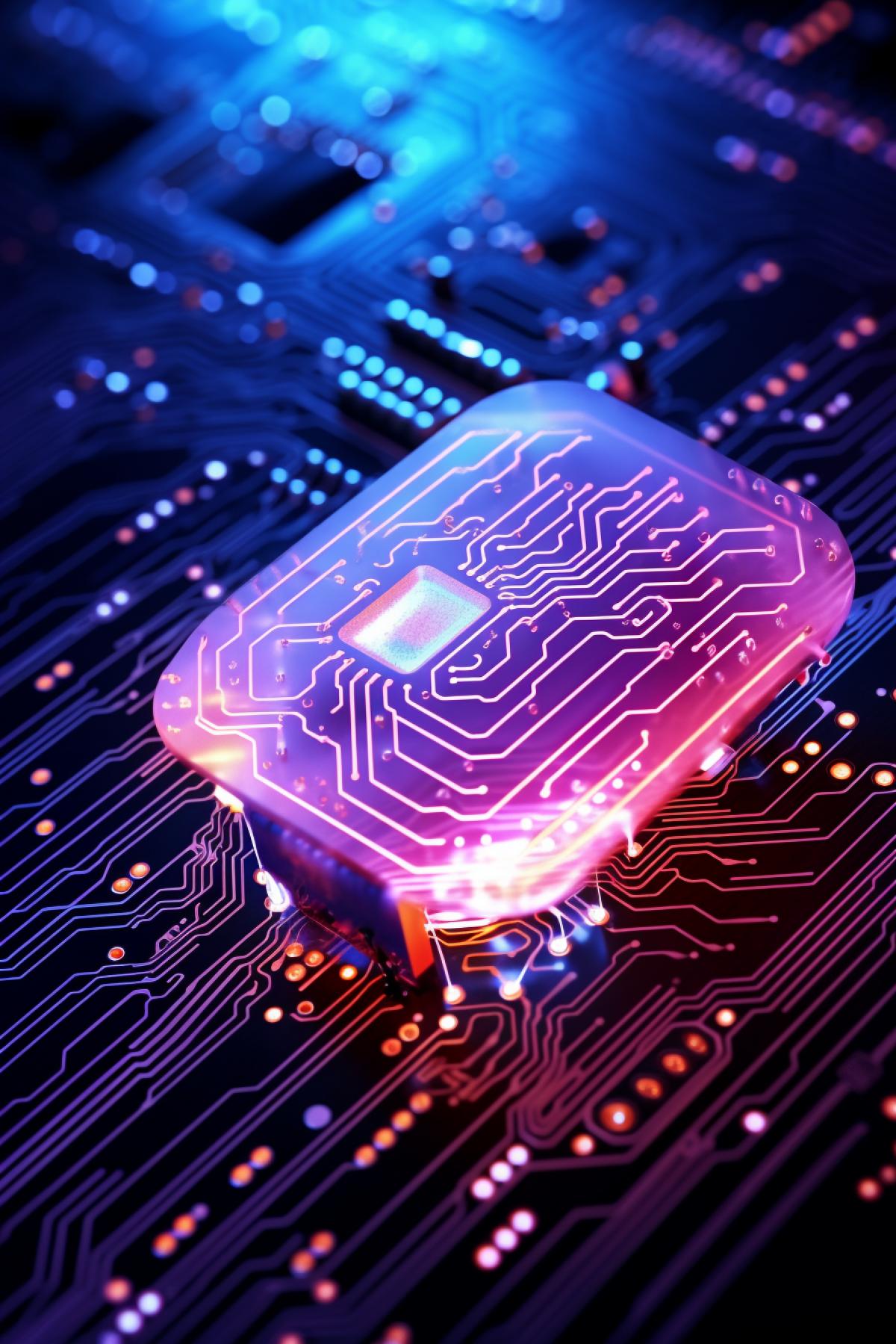 Nanochip in the human brain, macro, x-ray, neon