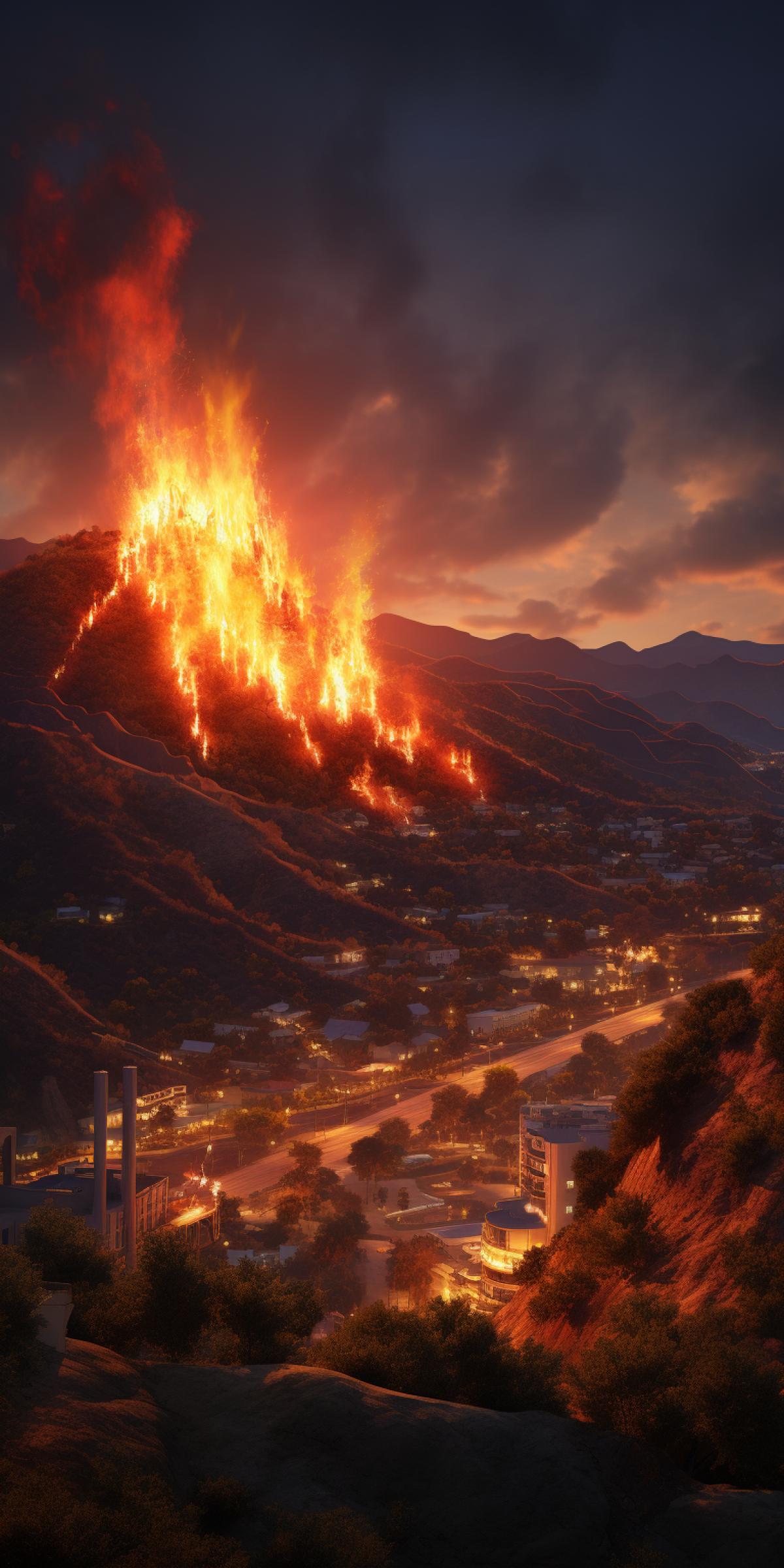 hollywood sign on fire,-iw 1.7 , 8k hyper realistic photography, unreal engine, intricate details