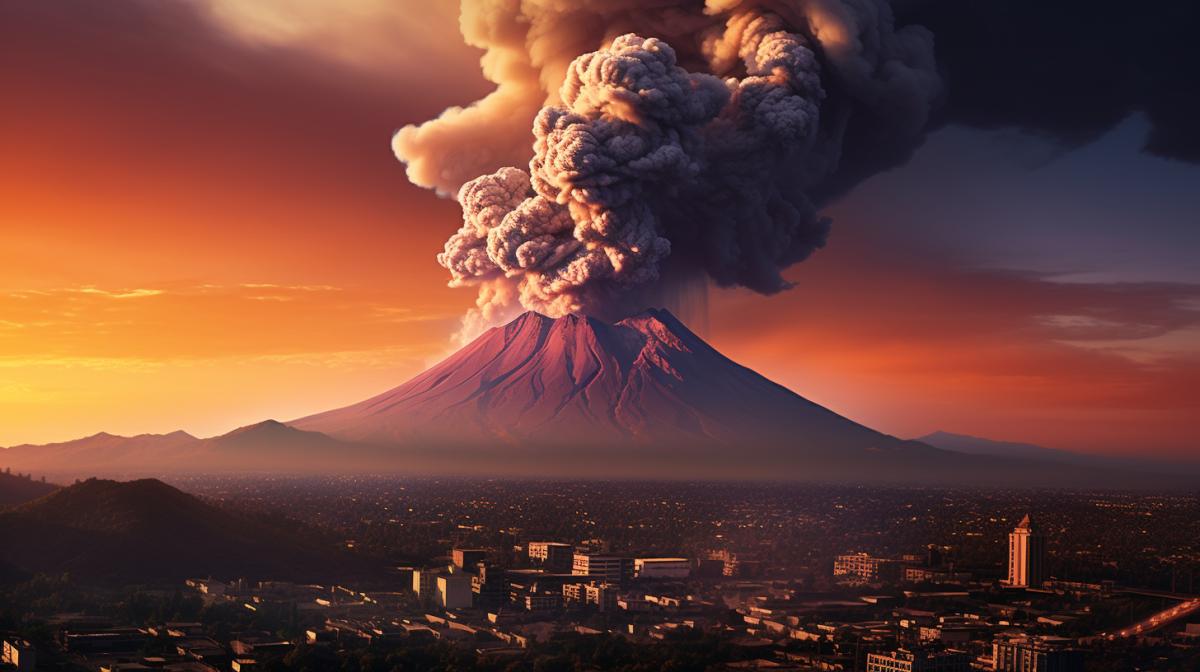 The Eruption of Popocatepetl Volcano in Valley of Mexico, modern Ciudad de Mexico in 2024 faces major destruction under a hail of fire and pyroclastic fury unleashed by powerful volcanic eruption of Popocatepetl , huge pyroclastic cloud rise to the skies as thunder and lightning strike from above, dramatically detailed, photo realistic, in the style of Mexican painter Gerardo Murillo Doctor Atl