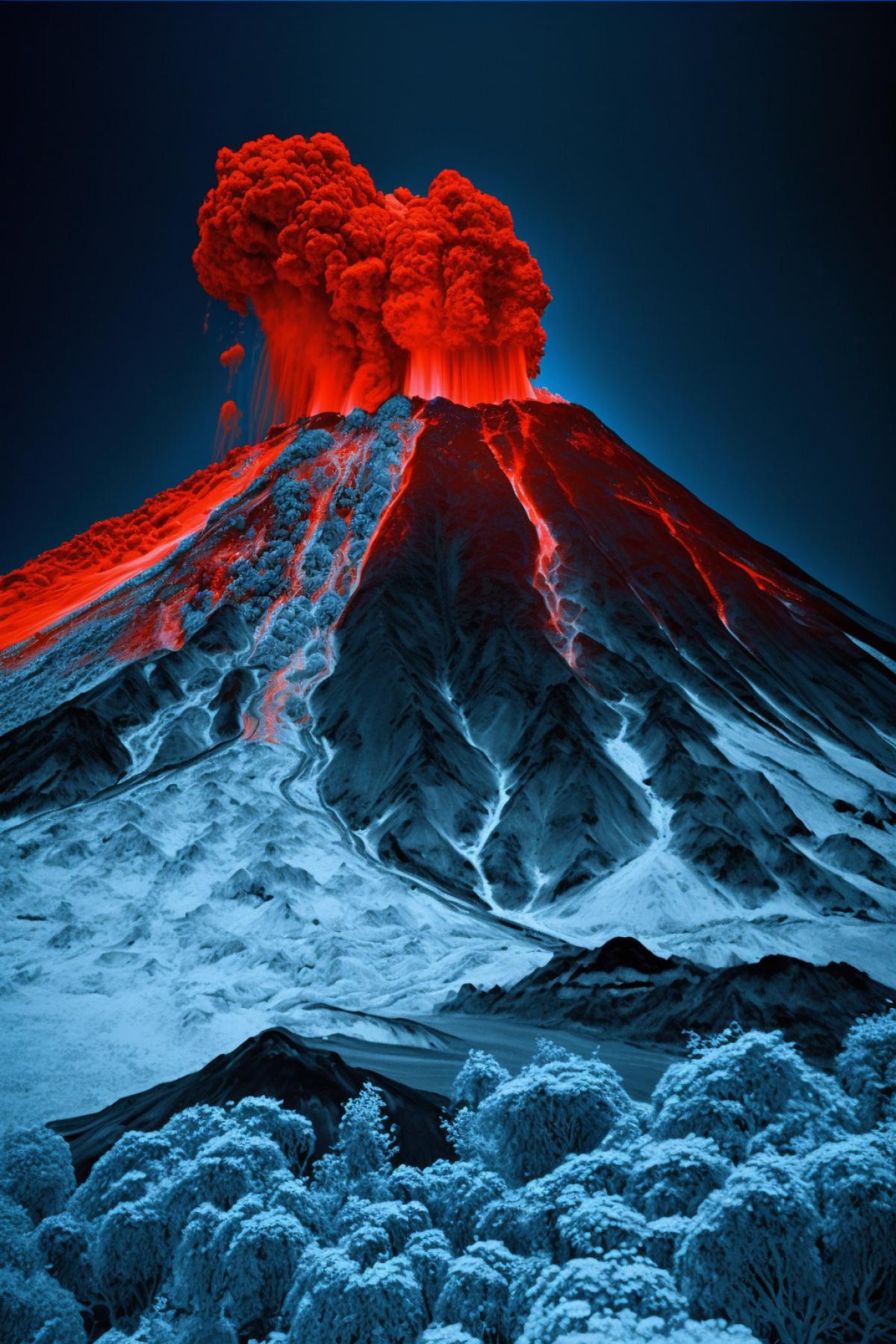 Volcanic eruption, photo from a thermal imager
