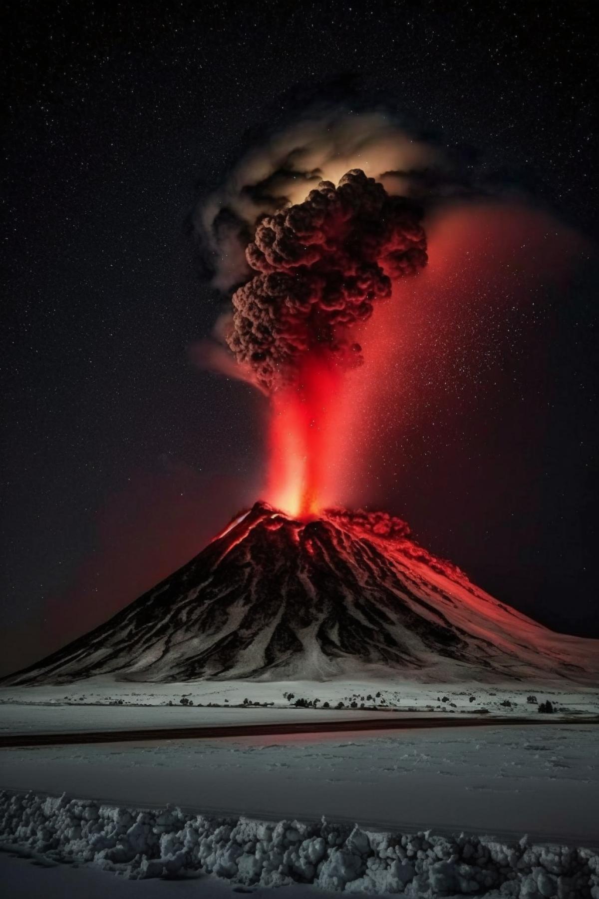 red liquid volcano erupts at night, glows