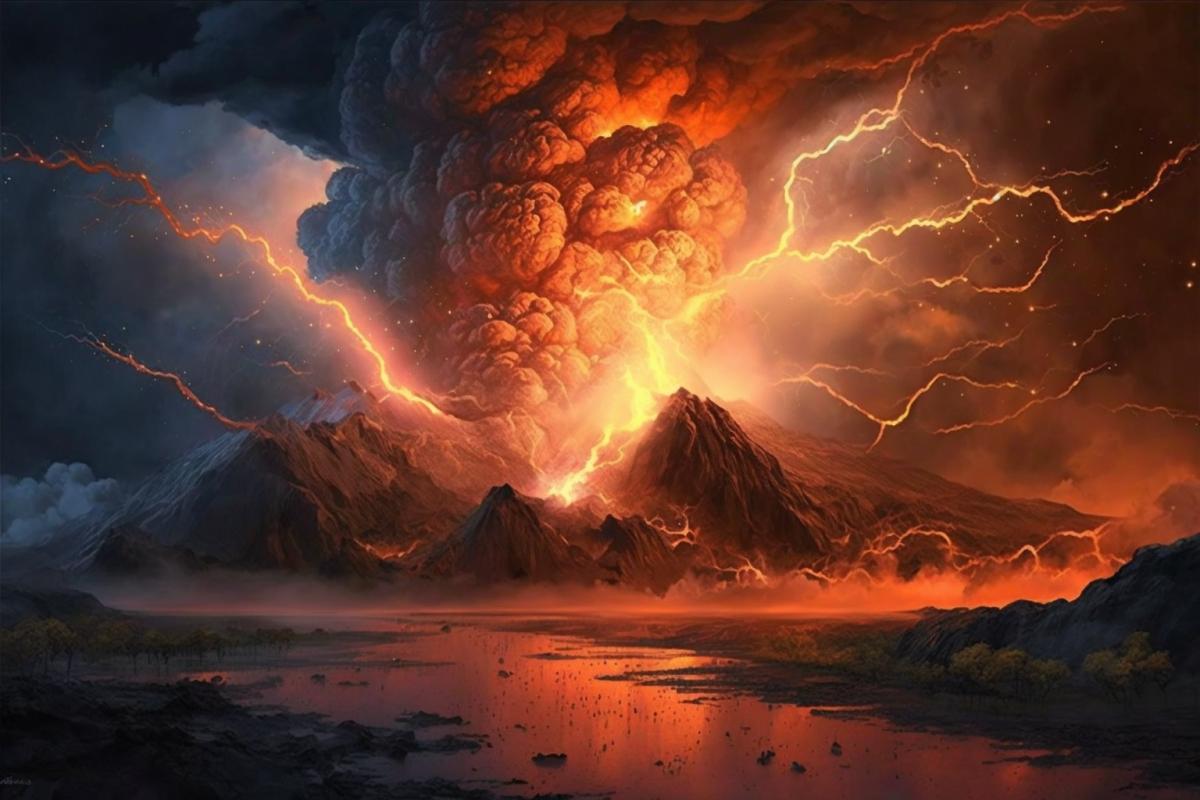 Supervolcano eruption, apocalypse, lightning, lava rivers.