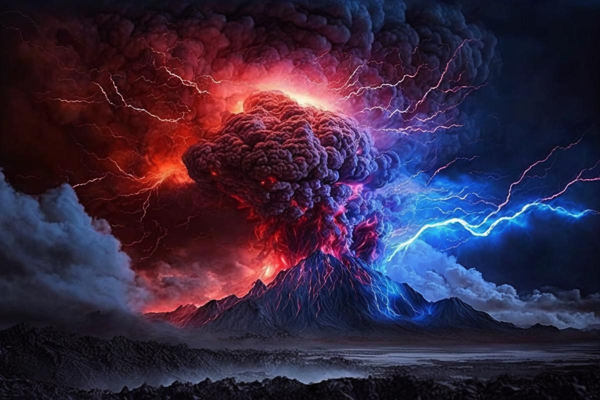 Supervolcano eruption, apocalypse, lightning, lava rivers.