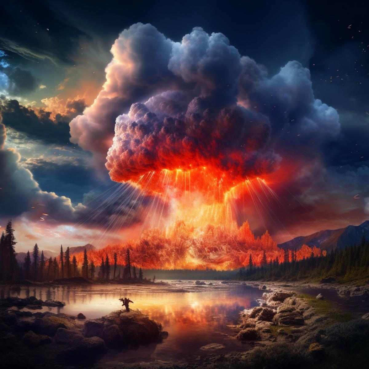 yellowstone mega volcano eruption, surrealism, 8k