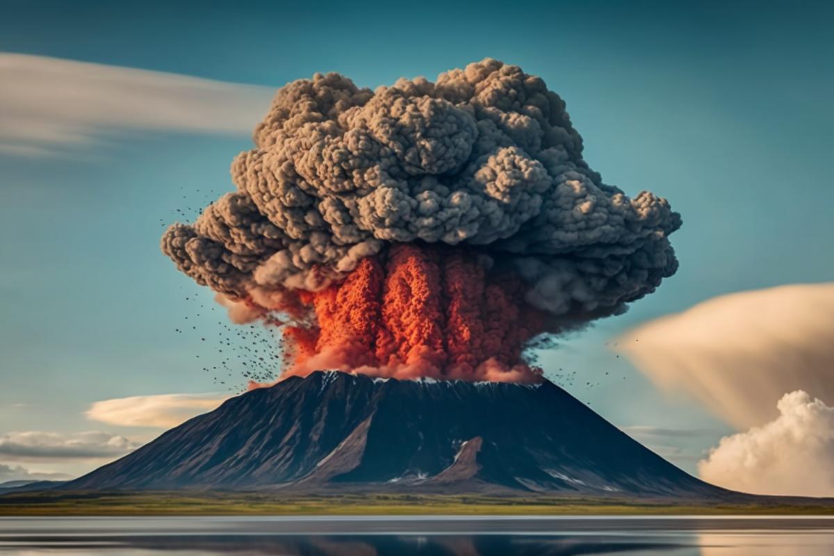 Cinematic volcanic eruption, dramatic photo, very angry