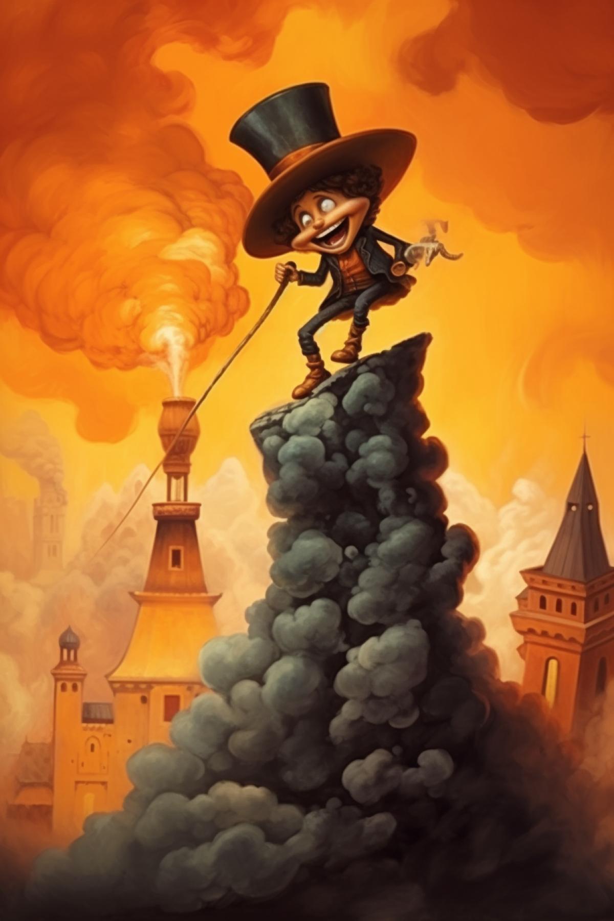 Close-up chimney sweep cleans the mouth of a cute beautiful volcano with a lot of boiling magma