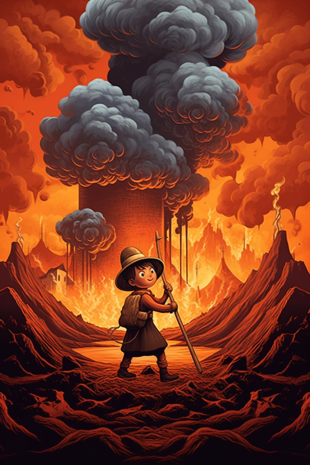 Close-up chimney sweep cleans the mouth of a cute beautiful volcano with a lot of boiling magma