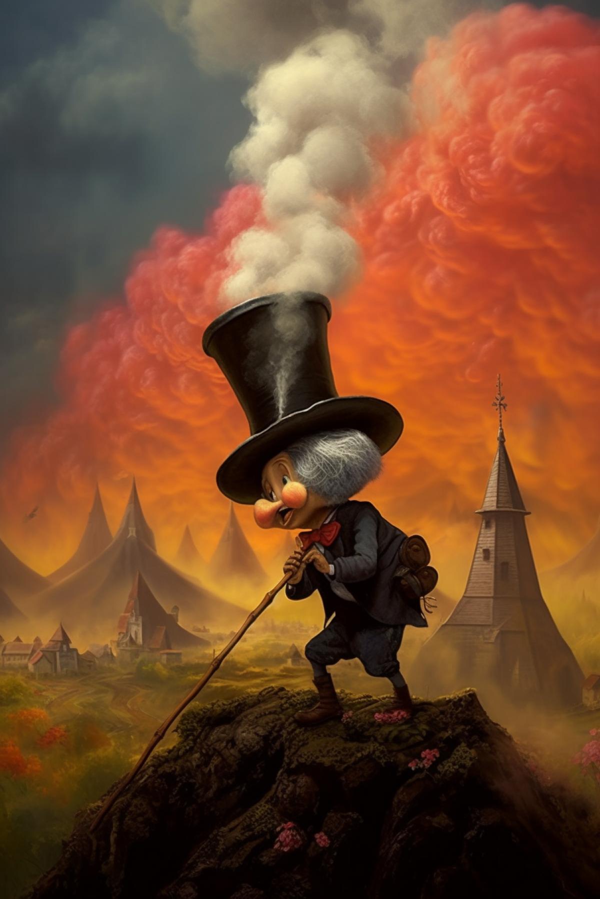 Close-up chimney sweep cleans the mouth of a cute beautiful volcano with a lot of boiling magma
