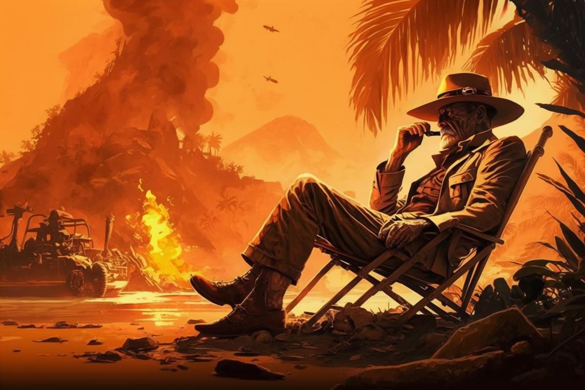 Indiana Jones smokes from the lava of an erupting volcano while sitting in a sun lounger on a tropical island.