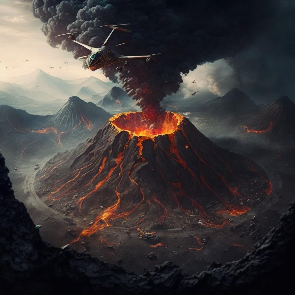 A quadcopter captures an erupting volcano. The crater of a volcano is a hole through which the hidden world of the hollow Earth is visible. Tropical plants grow there and dinosaurs roam.