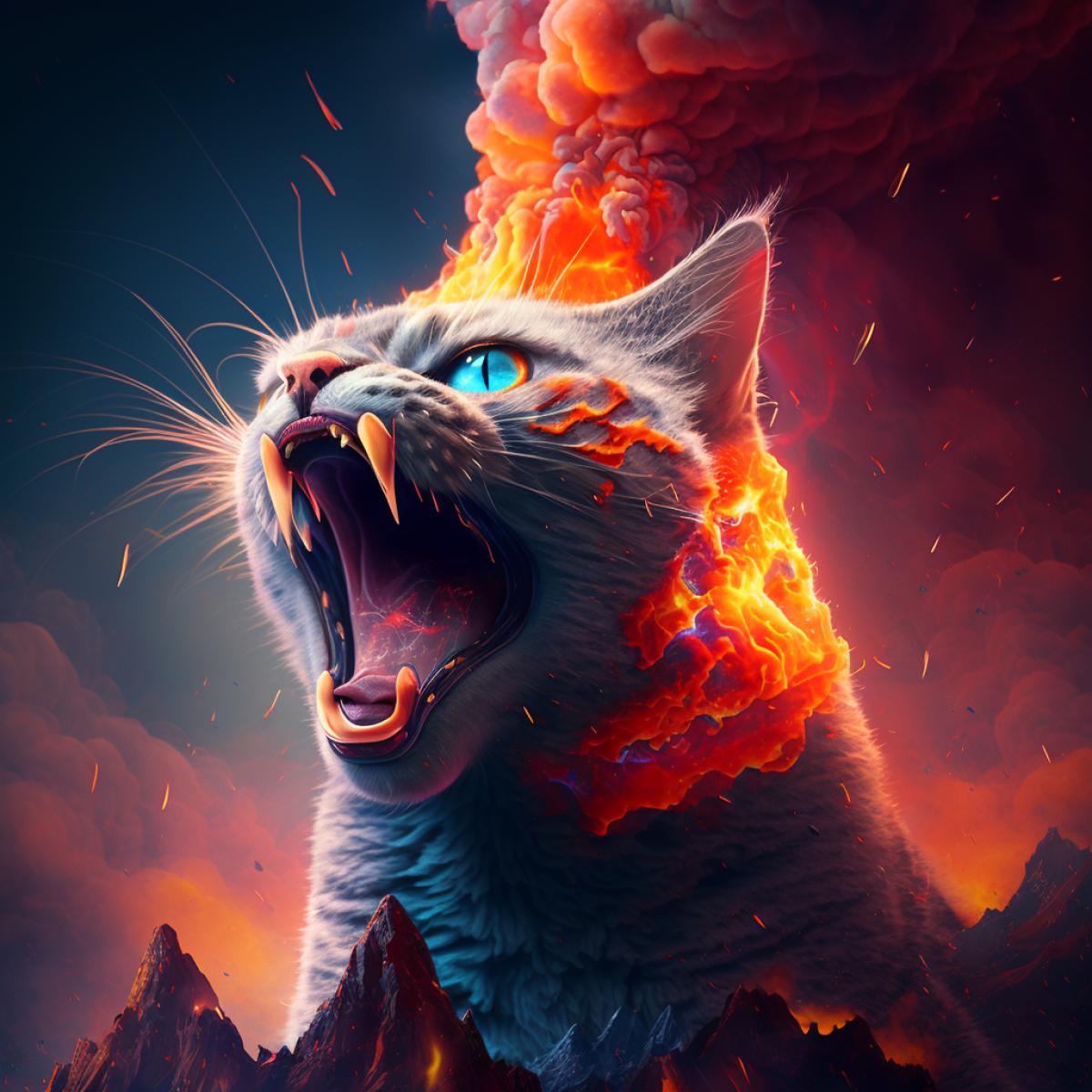 The cat is depicted as a volcano. He tilted his head up and opened his mouth wide. Fire, smoke, lightning bolts come out of the mouth. The photo is bright, the colors are rich and juicy. Shallow depth of field.