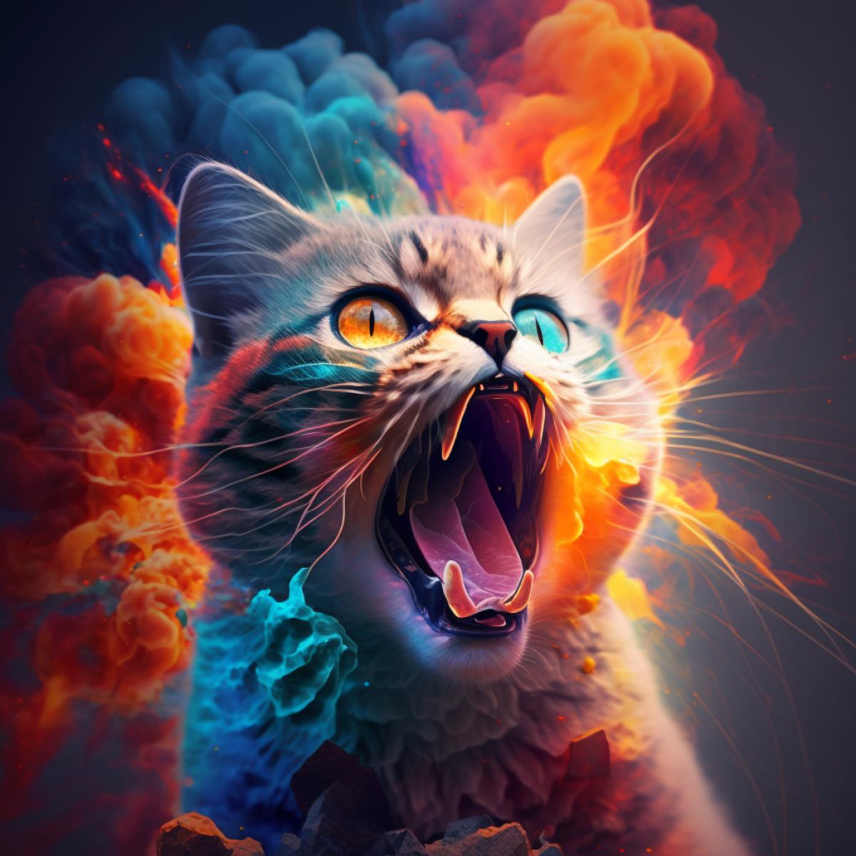 The cat is depicted as a volcano. He tilted his head up and opened his mouth wide. Fire, smoke, lightning bolts come out of the mouth. The photo is bright, the colors are rich and juicy. Shallow depth of field.